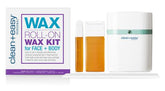 Professional roll-on wax kit for face and body, featuring easy-to-use applicators and wax warmer.