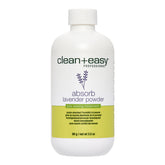 White bottle of clean+easy absorb lavender powder on a white background