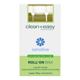 Box of clean+easy sensitive roll-on wax on a white background
