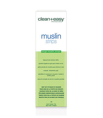 Clean+Easy professional large muslin strips for hair removal, designed for smooth waxing and effective results.