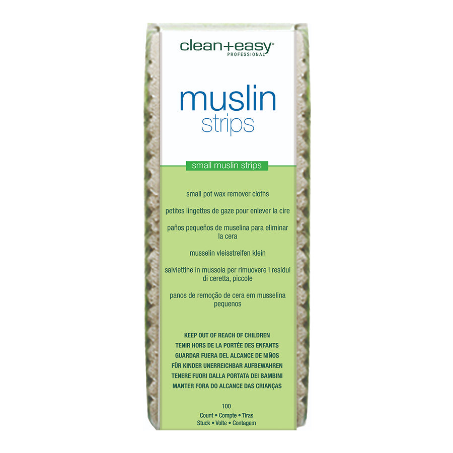 Pack of clean+easy muslin strips on a white background