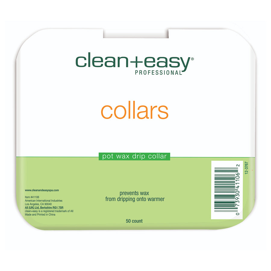 Packaging of clean+easy professional pot wax drip collars on a white background