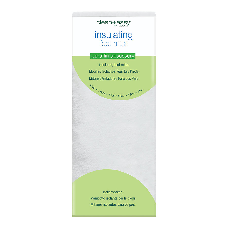 Packaging of clean+easy insulating foot mitts on a white background