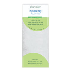 Packaging of clean+easy insulating foot mitts on a white background