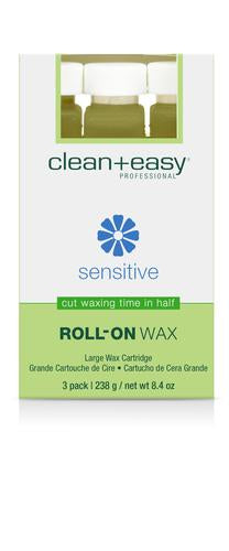 Clean + Easy Sensitive Roll-On Wax Cartridge three-pack of large roll-on wax cartridges for sensitive skin and gentle hair removal.