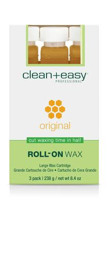 Clean + Easy Original Roll-On Wax three-pack of large roll-on wax cartridges designed for quick, mess-free waxing.