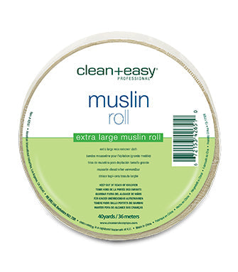 Frontal image of clean+easy Muslin Epilating Strips roll with label text