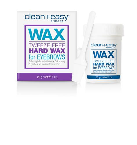 Clean + Easy Tweeze-Free Hard Wax for Eyebrows pack with container and applicator on the side isolated on white background