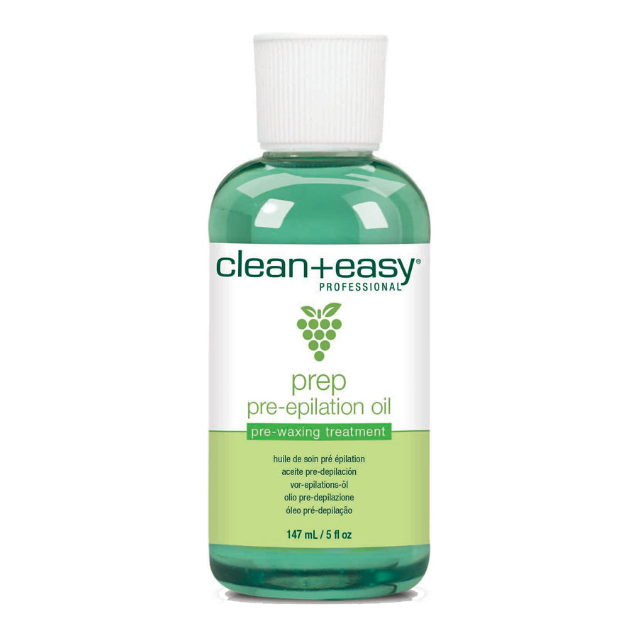 Green bottle of clean+easy prep pre-epilation oil on a white background