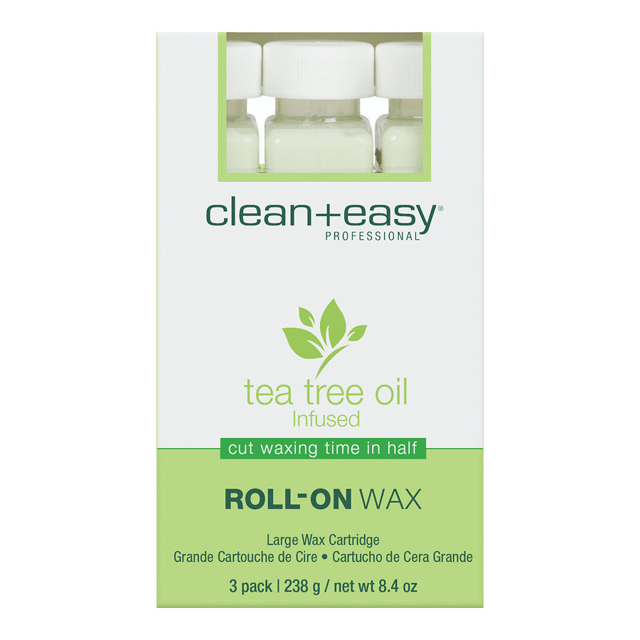 Box of clean+easy Professional tea tree oil infused roll-on wax on a white background