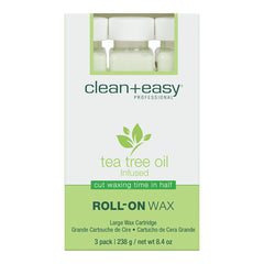 Box of clean+easy Professional tea tree oil infused roll-on wax on a white background