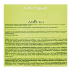 Product label for 'paraffin spa' by 'clean+easy professional' with text on a green background.