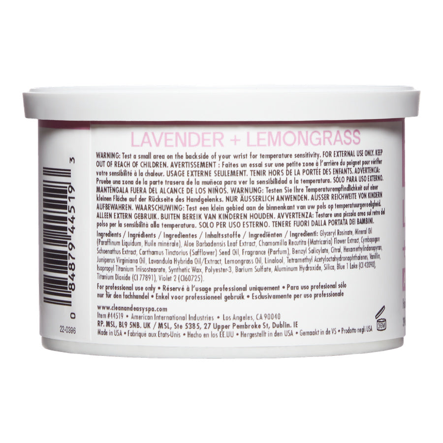 Back label of a container with 'Lavender + Lemongrass' text on a white background