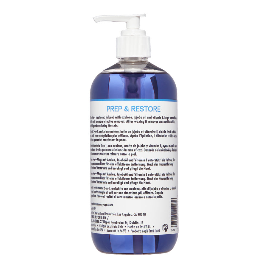 Blue bottle with pump labeled 'Prep & Restore' on a white background