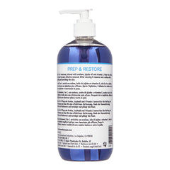 Blue bottle with pump labeled 'Prep & Restore' on a white background
