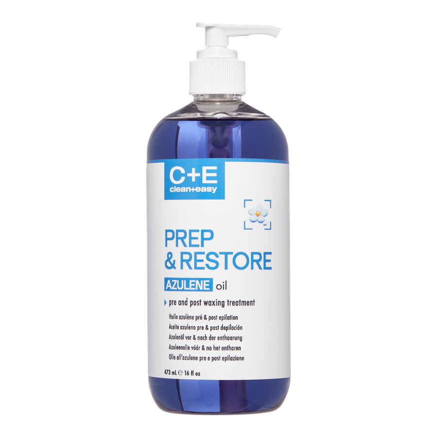 Bottle of C+E Prep & Restore Azulene oil on a white background