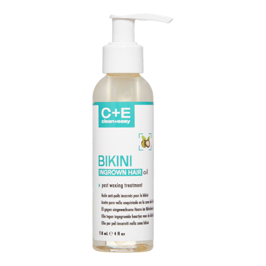 Bottle of C+E bikini ingrown hair oil on a white background