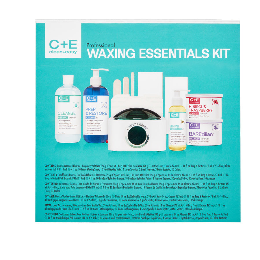 C+E Professional Waxing Essentials Kit packaging with various products on a teal background