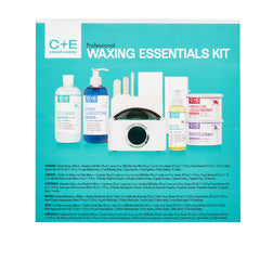 C+E Professional Waxing Essentials Kit packaging with various products on a teal background