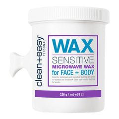 Clean+Easy microwave wax container for sensitive skin on a white background
