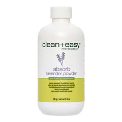 White bottle of clean+easy absorb lavender powder on a white background