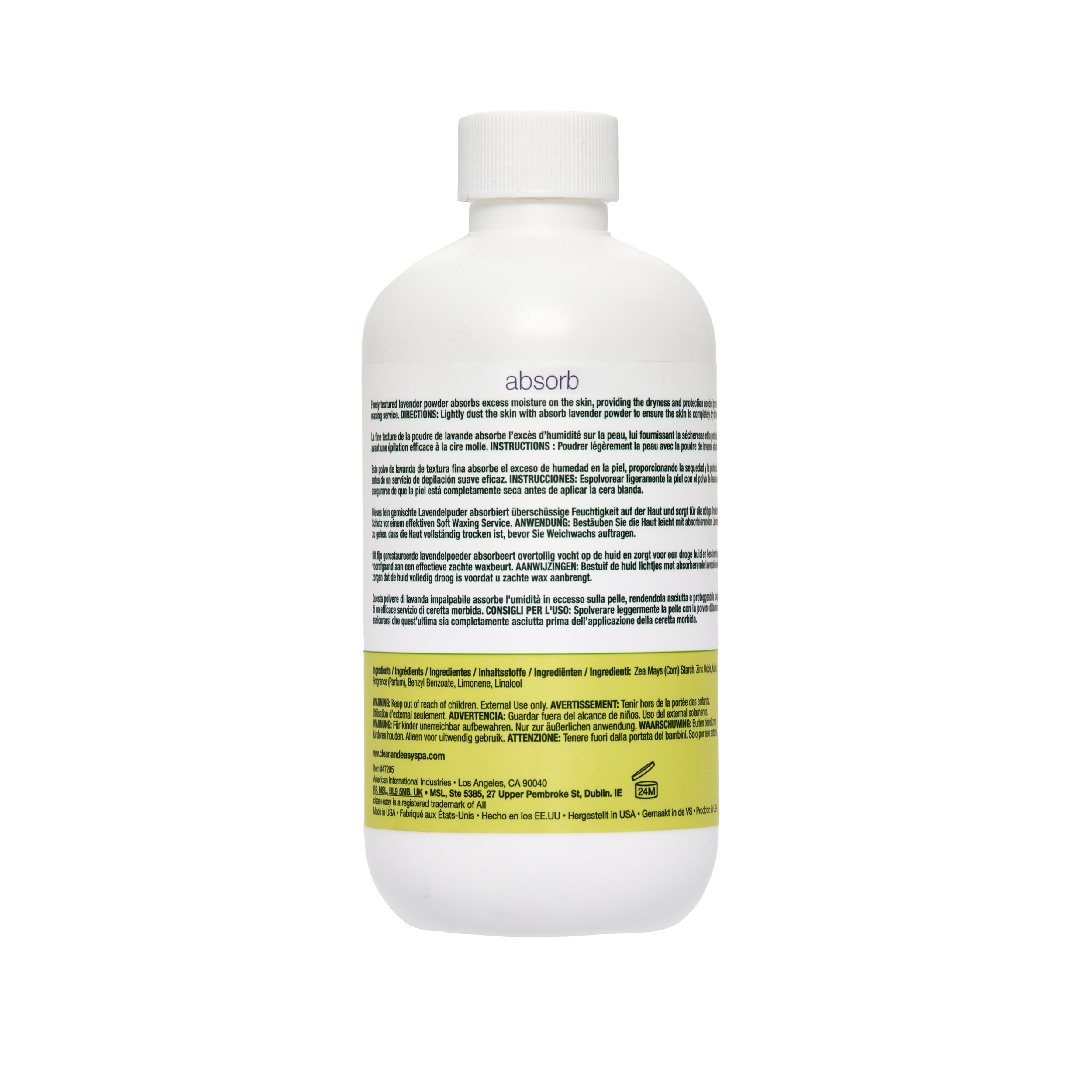 Back side of white bottle of Lavendar Pre-Wax Treatment on a white background
