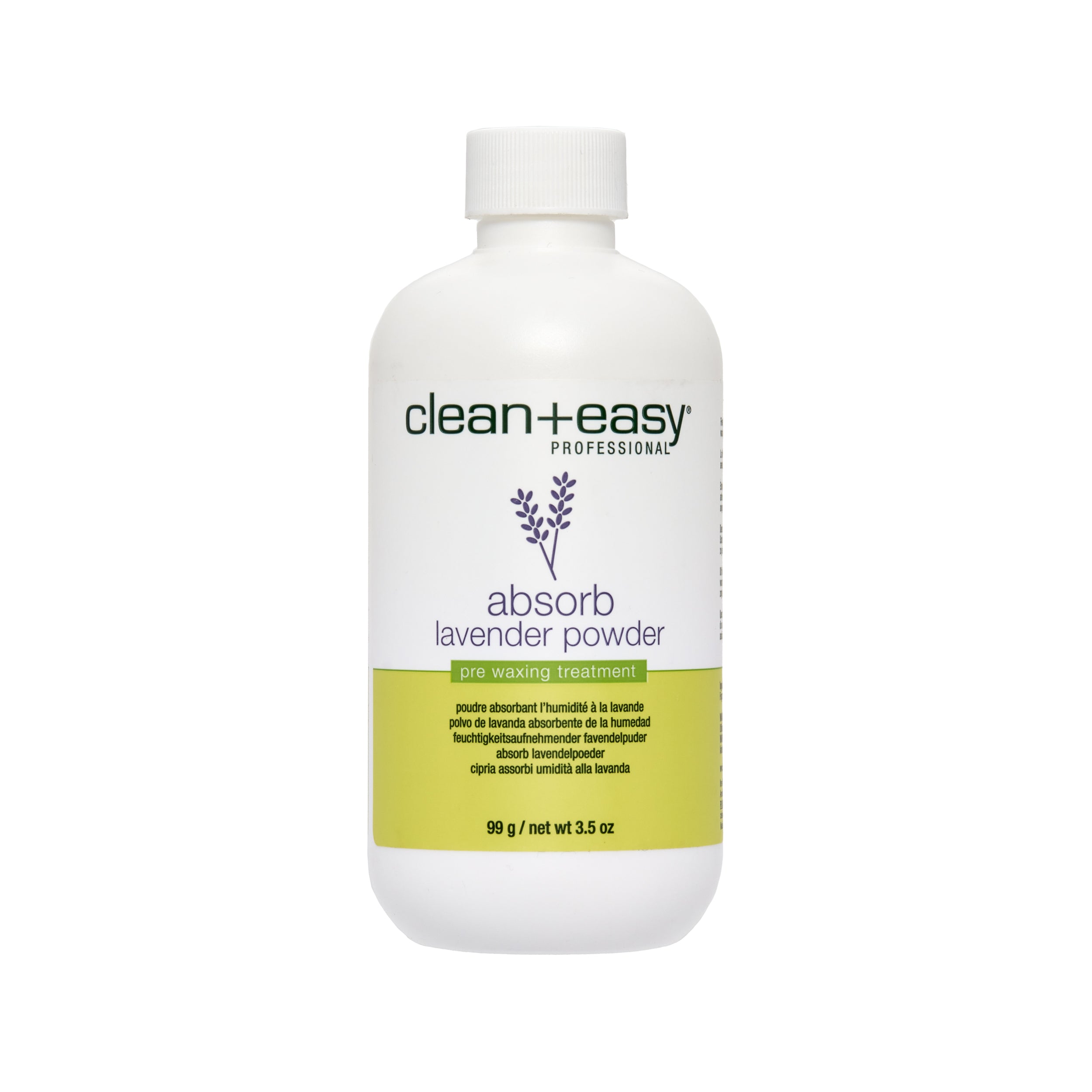 White bottle of clean+easy lavender powder on a white background