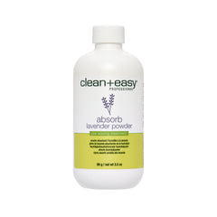 White bottle of clean+easy lavender powder on a white background
