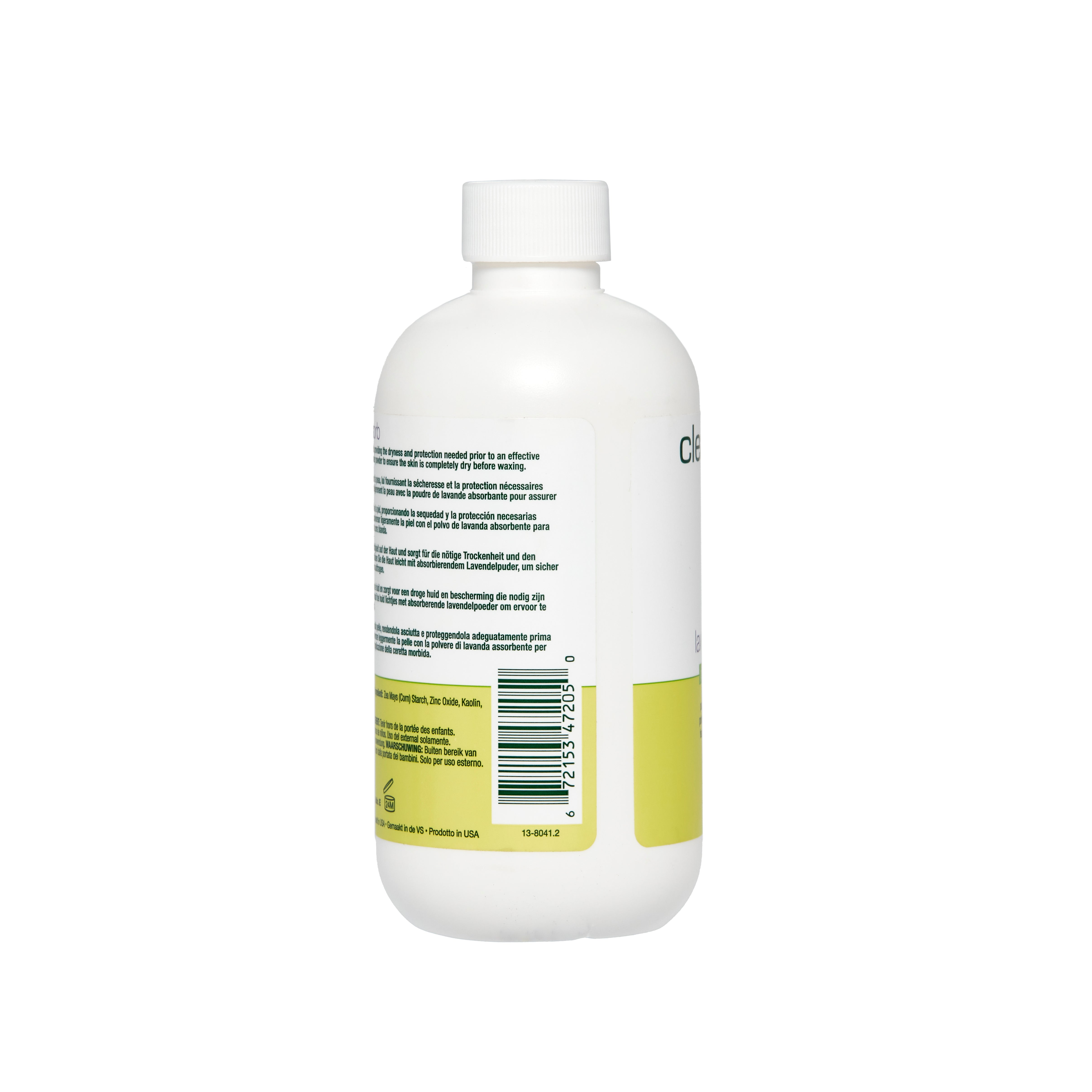 White bottle of Clean & Easy Absorb Lavander Pre-wax treatment with a label on a white background.