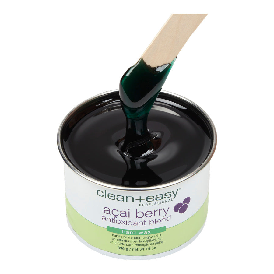 Can of clean+easy acai berry antioxidant blend hard wax with a wooden applicator.