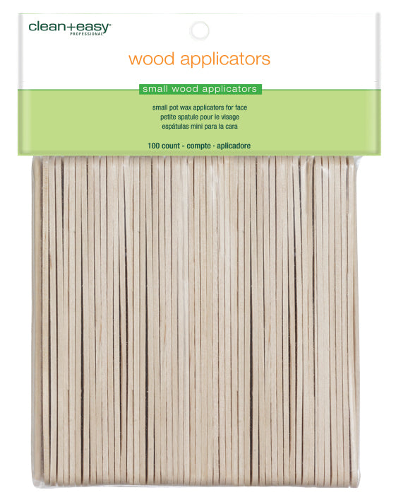 Pack of small wood applicators with 'clean+easy' branding on a white background