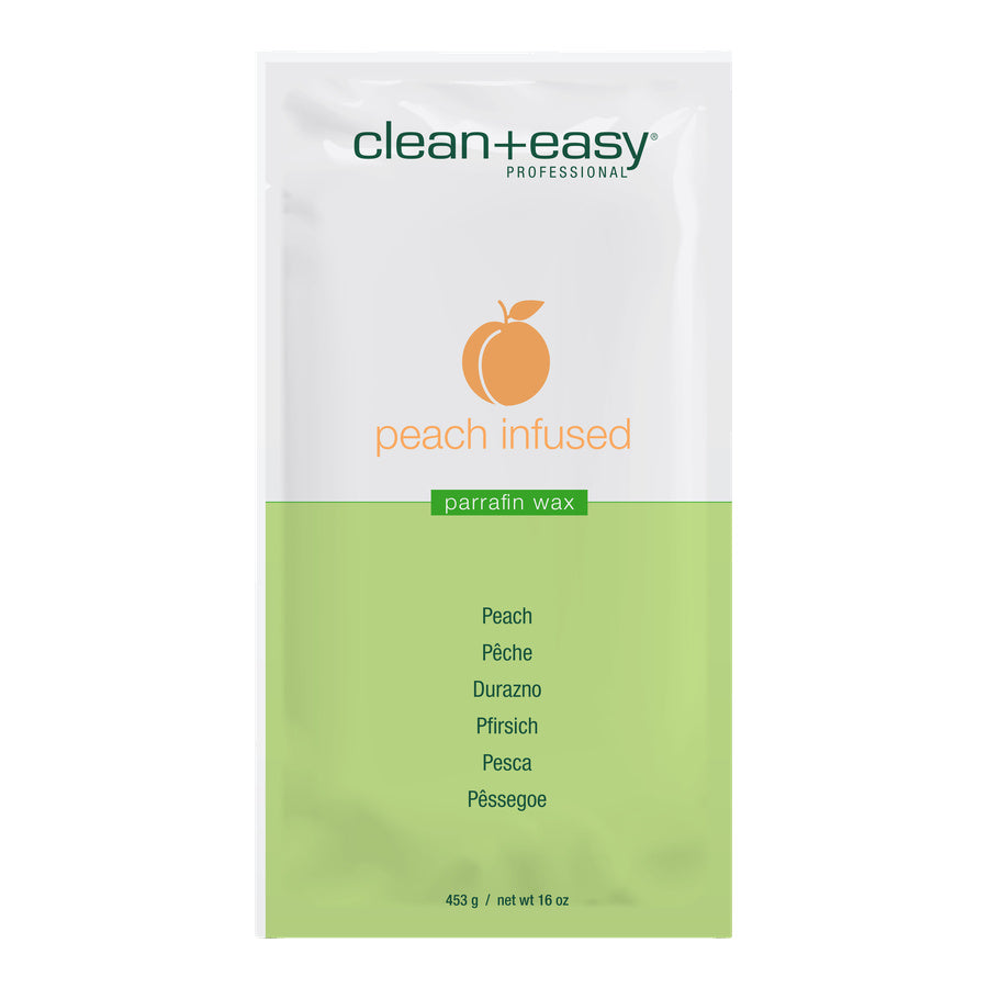 clean+easy peach infused paraffin wax packaging on a white background