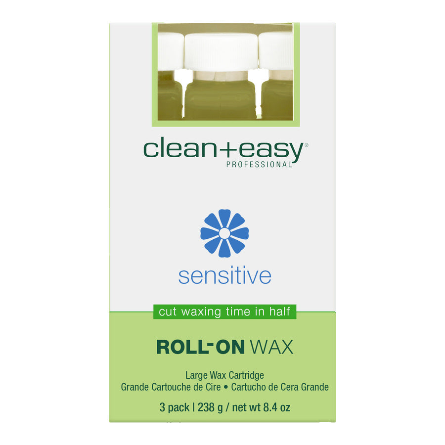 Box of clean+easy sensitive roll-on wax on a white background