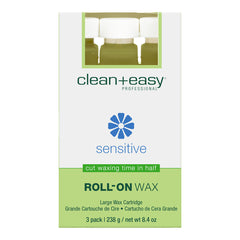 Box of clean+easy sensitive roll-on wax on a white background
