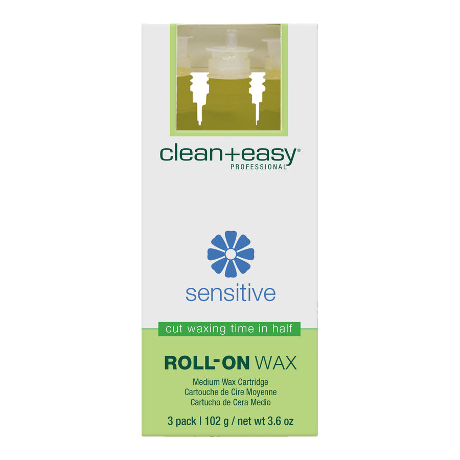 Box of clean+easy sensitive roll-on wax on a white background
