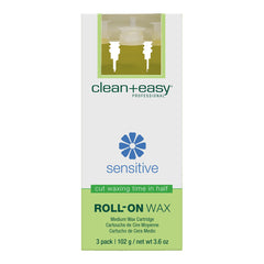 Box of clean+easy sensitive roll-on wax on a white background