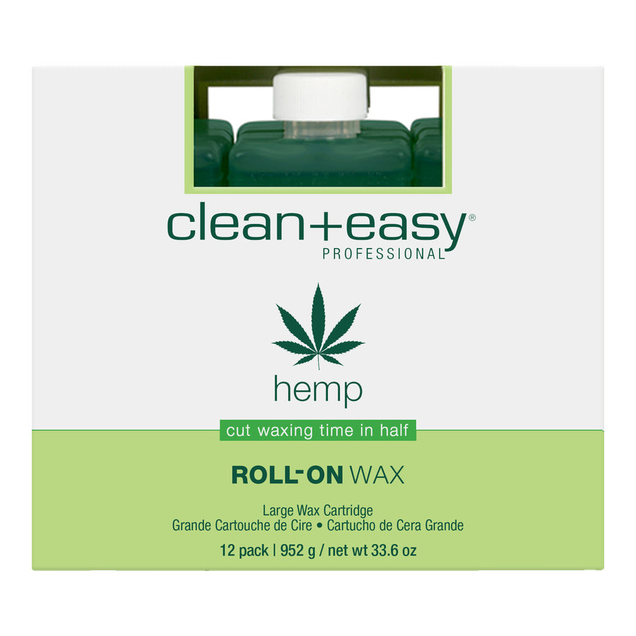 Box of clean+easy hemp roll-on wax with a cannabis leaf symbol on a white background