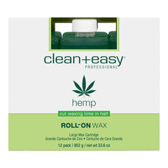 Box of clean+easy hemp roll-on wax with a cannabis leaf symbol on a white background