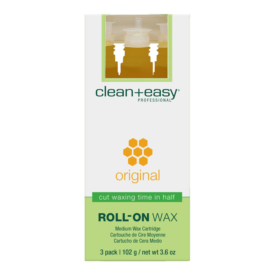 Box of clean+easy roll-on wax with packaging design elements.
