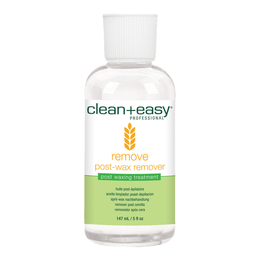 Clear bottle of 'clean+easy' post-wax remover on a white background