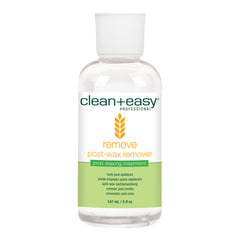 Clear bottle of 'clean+easy' post-wax remover on a white background