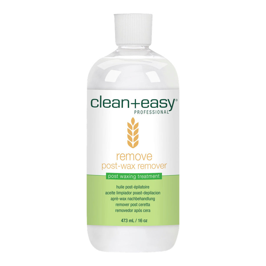Bottle of clean+easy post-wax remover on a white background