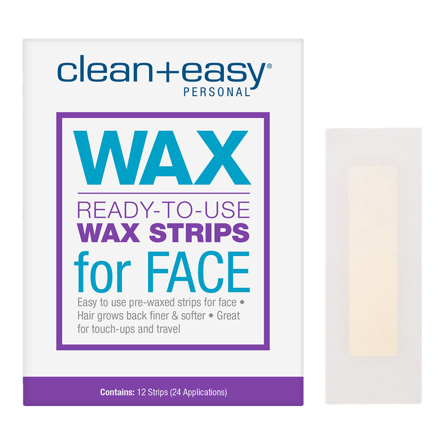 Box of clean+easy personal wax strips for face with a strip visible on a white background