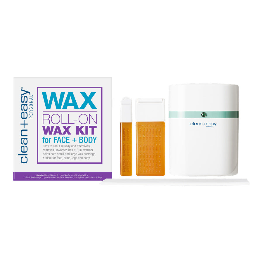 Clean+Easy wax roll-on kit with packaging on a white background