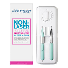 Clean+Easy non-laser personal electrolysis device with packaging on a white background