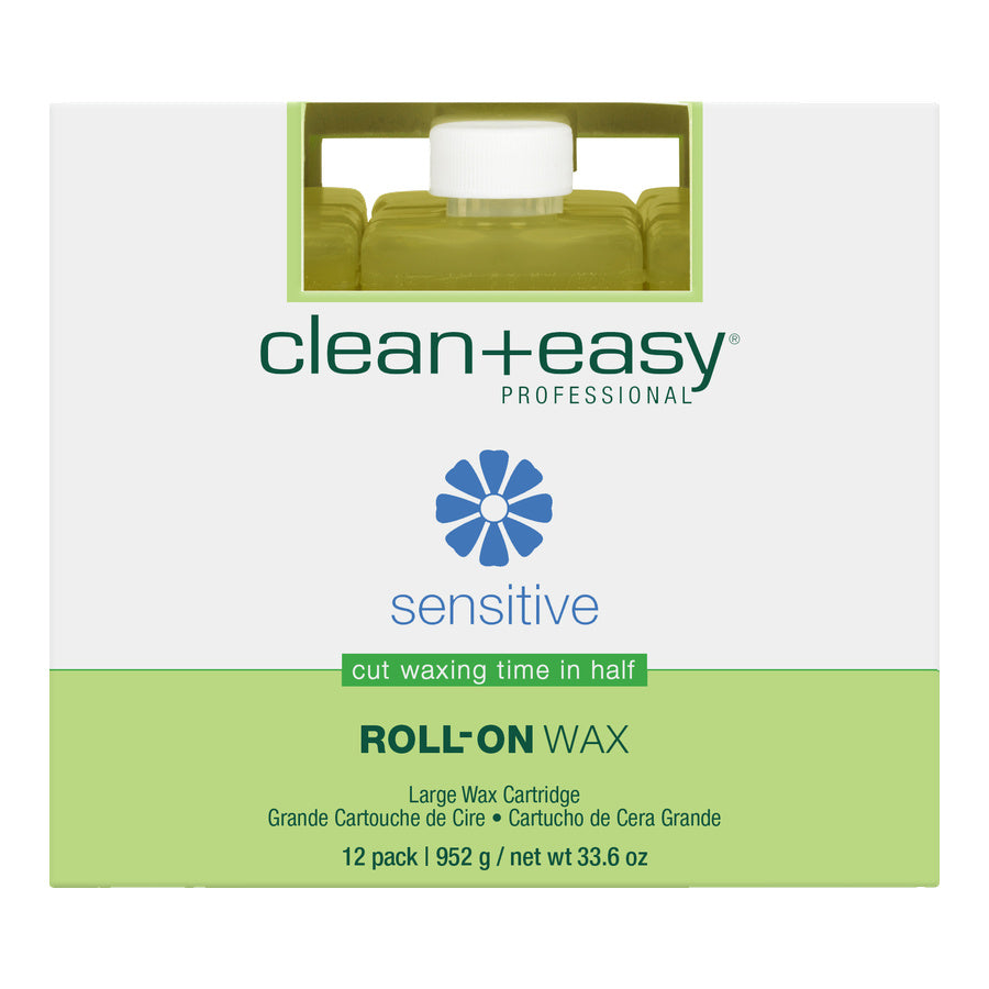 Box of clean+easy professional roll-on wax with a green background