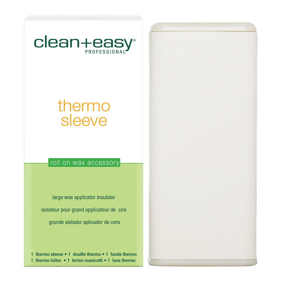 clean+easy thermo sleeve roll on wax accessory packaging and product on a white background